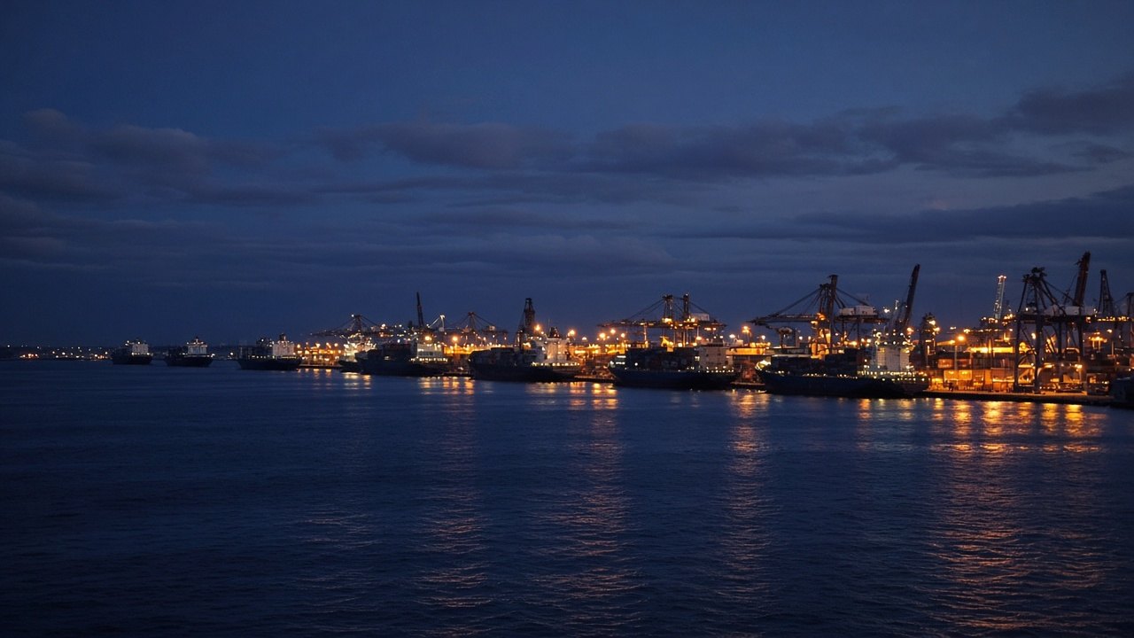 Commercial harbor at dusk.