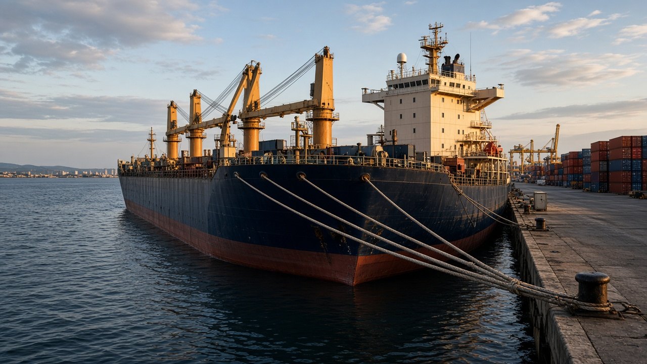 Cargo vessel alongside a port quay.