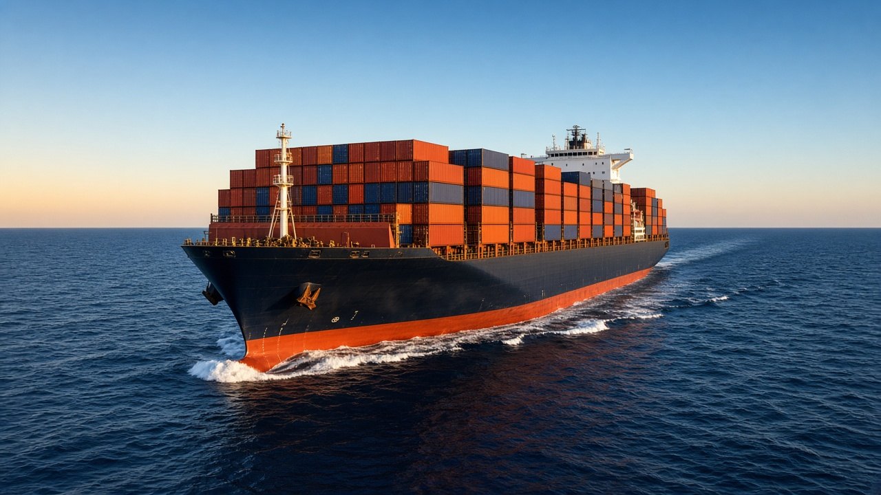 Container ship underway on open water.